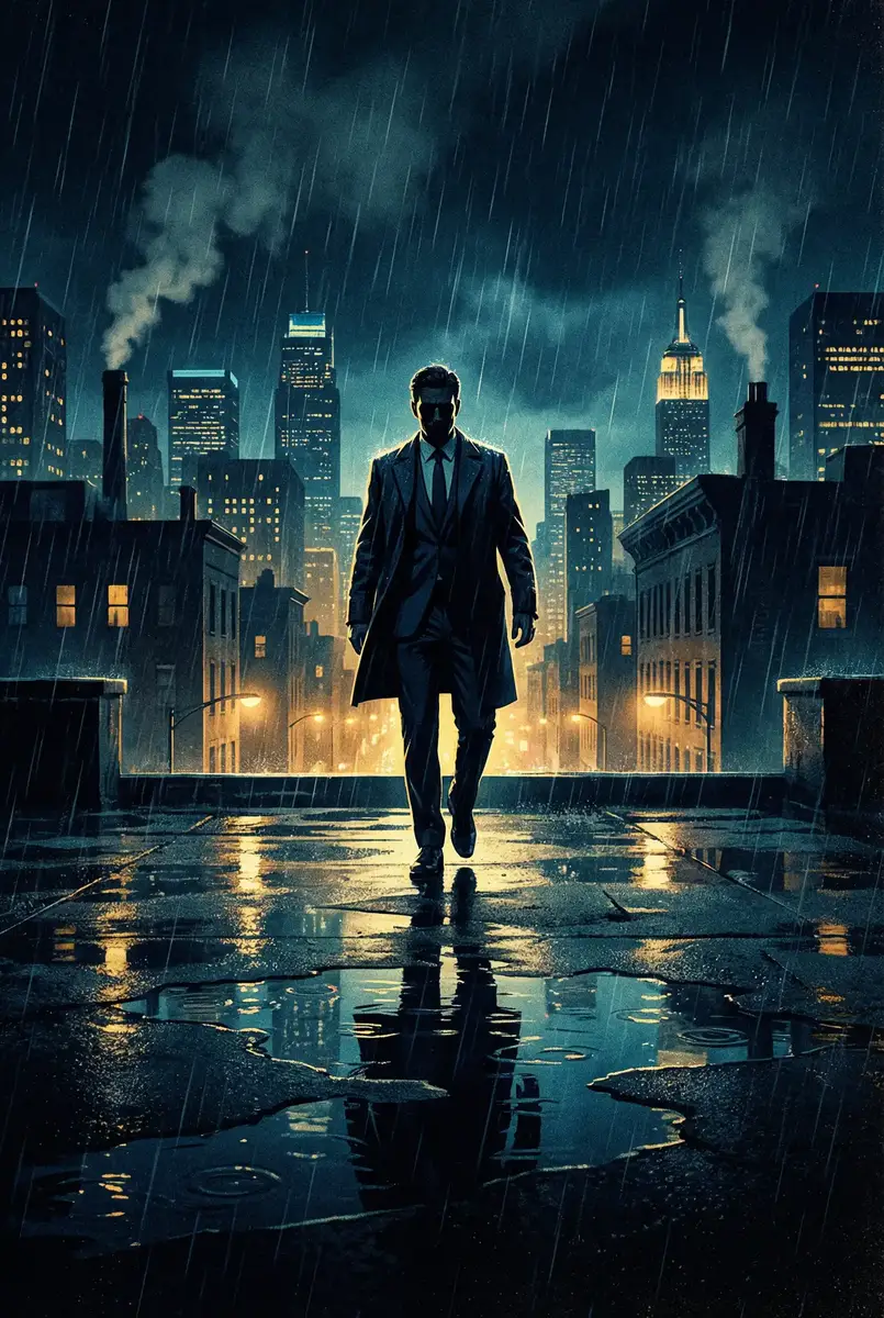 楼凤阁网站 出品影片《雨夜独行者》海报，雨中城市屋顶男性剪影
